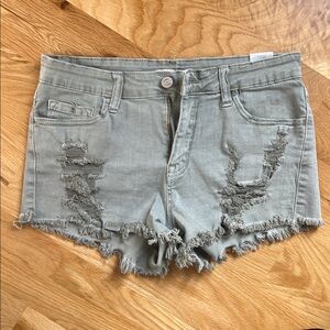 Women's Light Sage Green Distressed Stretch Denim Shorts